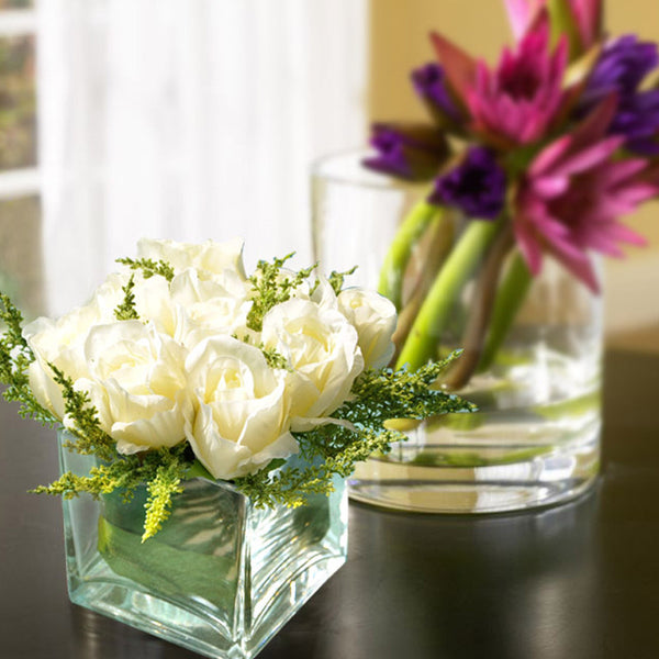 Small Head Artificial Rose Glass with Glass Vase