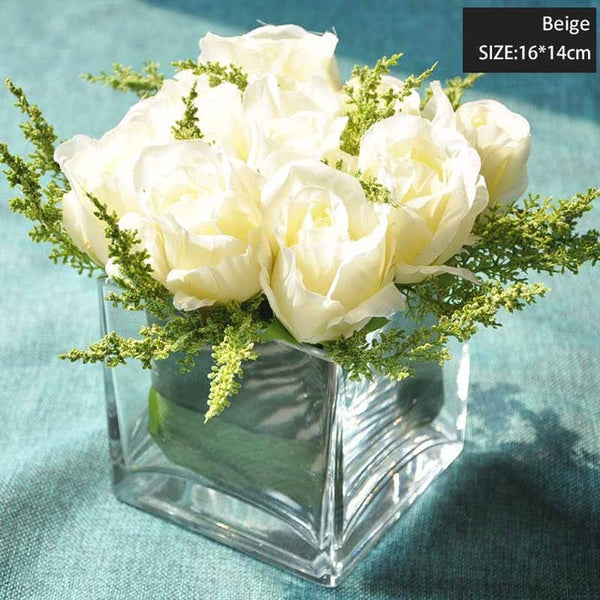 Small Head Artificial Rose Glass with Glass Vase